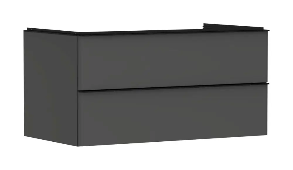 Waschtischunterschrank in Diamantgrau, mit zwei Schubladen, geeignet für Konsolen-Aufsatzwaschtisch, Marke Hansgrohe.